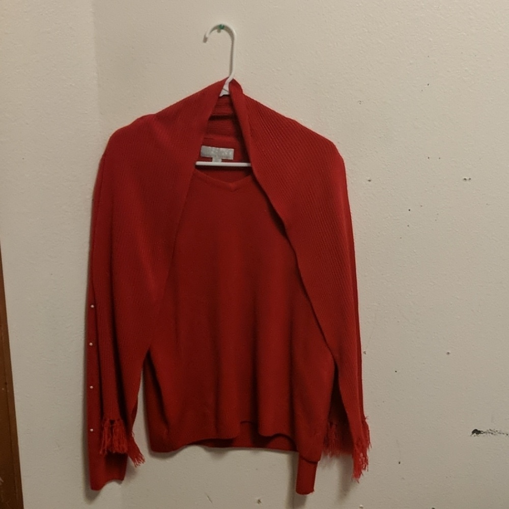 Red sweater with attachable scarf